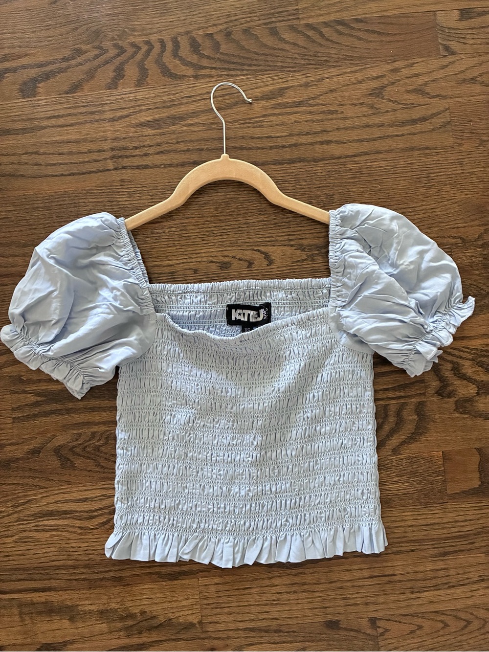 Katie J NYC Pale Blue Smocked Puff Sleeve Top